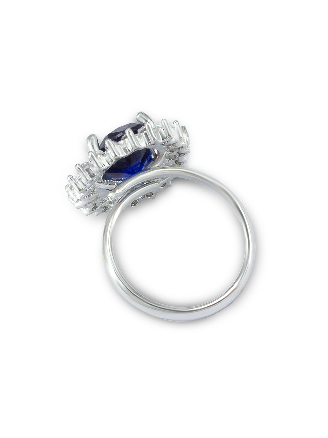 Rhodium Plated Blue American Diamond Round Shaped Adjustable Finger Ring