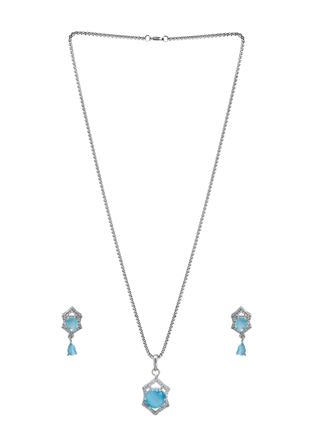 Rhodium Plated Aqua Blue American Diamond Pendant & Earrings Set