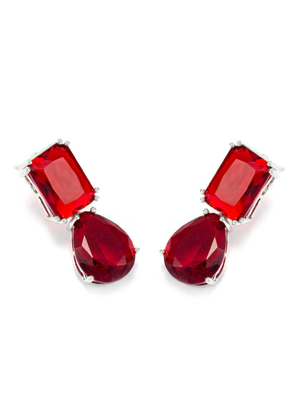 Rhodium Plated Red American Diamond Drop Earrings