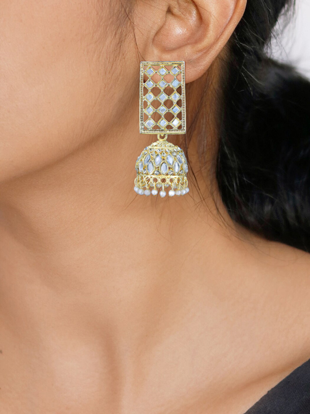 Pack of 3 Gold Plated Artificial Beads & Mirror Studded Jhumka Earrings