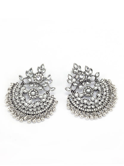 Silver-Plated Crescent Shaped Kundan Studded Drop Earrings