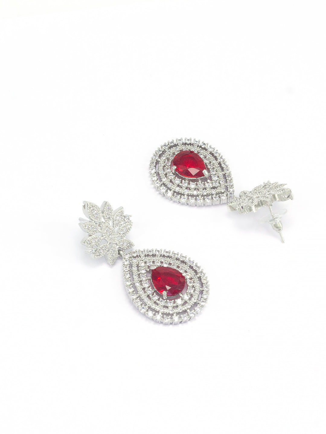 Rhodium Plated Red American Diamond Teardrop Jewellery Set