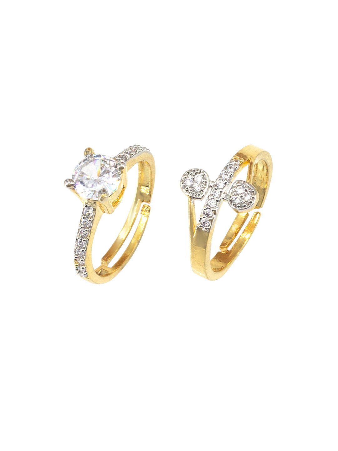 Set Of Two Gold Plated Solitaire American Diamond Trendy Adjustable Finger Rings