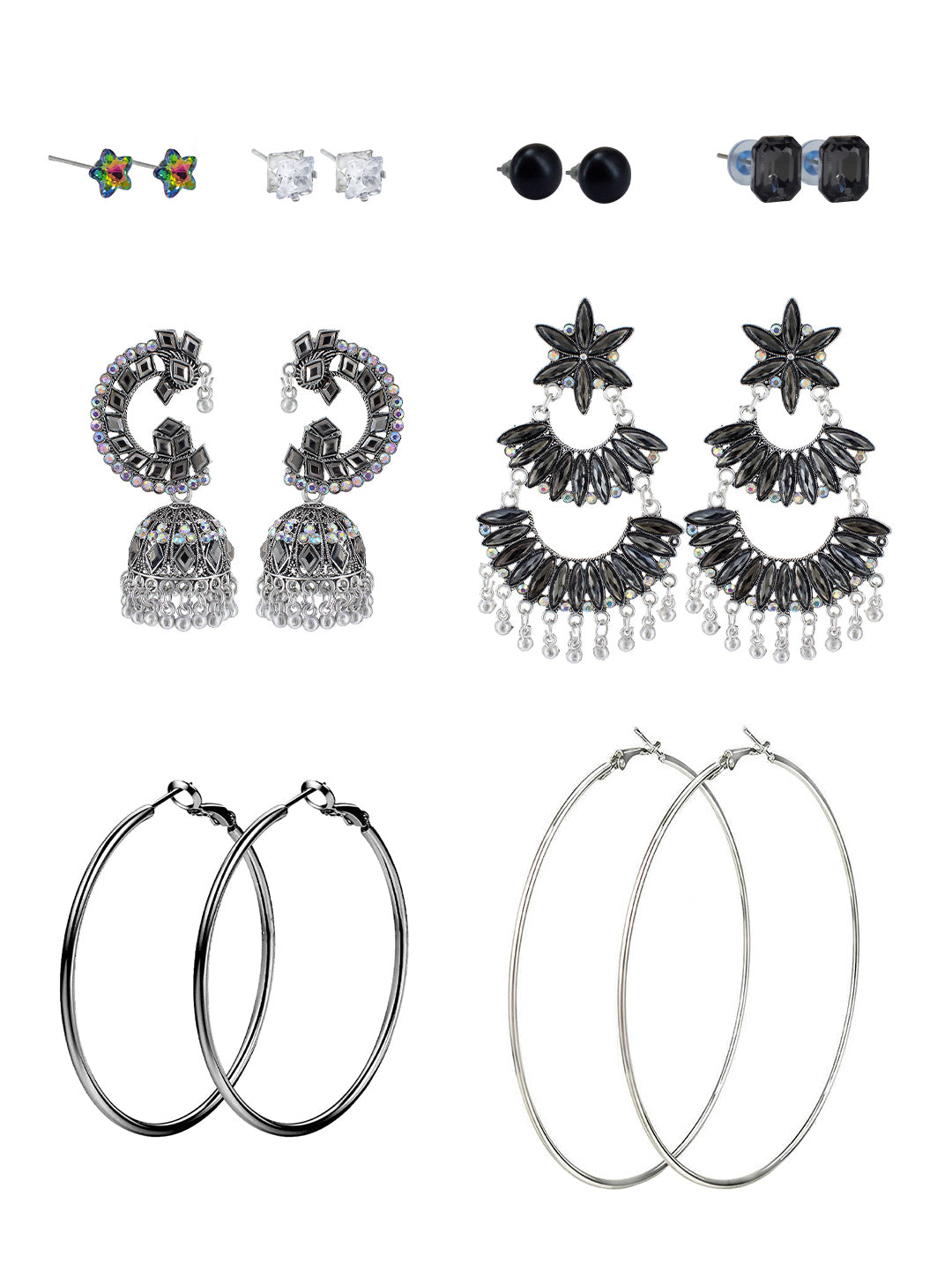 Pack of 8 Silver Oxidised Jhumka, Hoops & Studs Earrings Combo