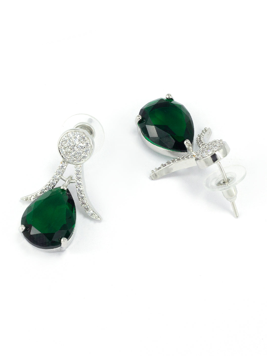 Rhodium Plated American Diamond Studded Emerald Green Earrings