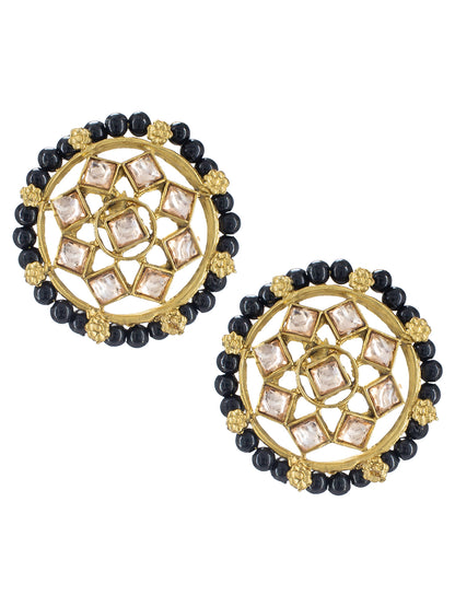 Gold-Plated Black Stone Studded & Beaded Jewellery Set With Maangtika & Adjustable Finger Ring