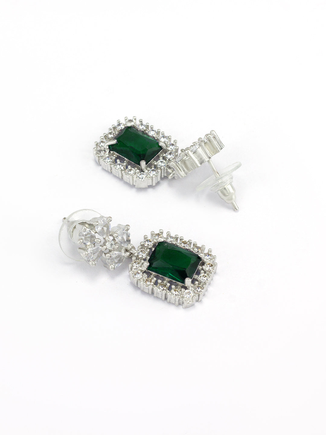 Green Rhodium-Plated American Diamond Studded Jewellery Set