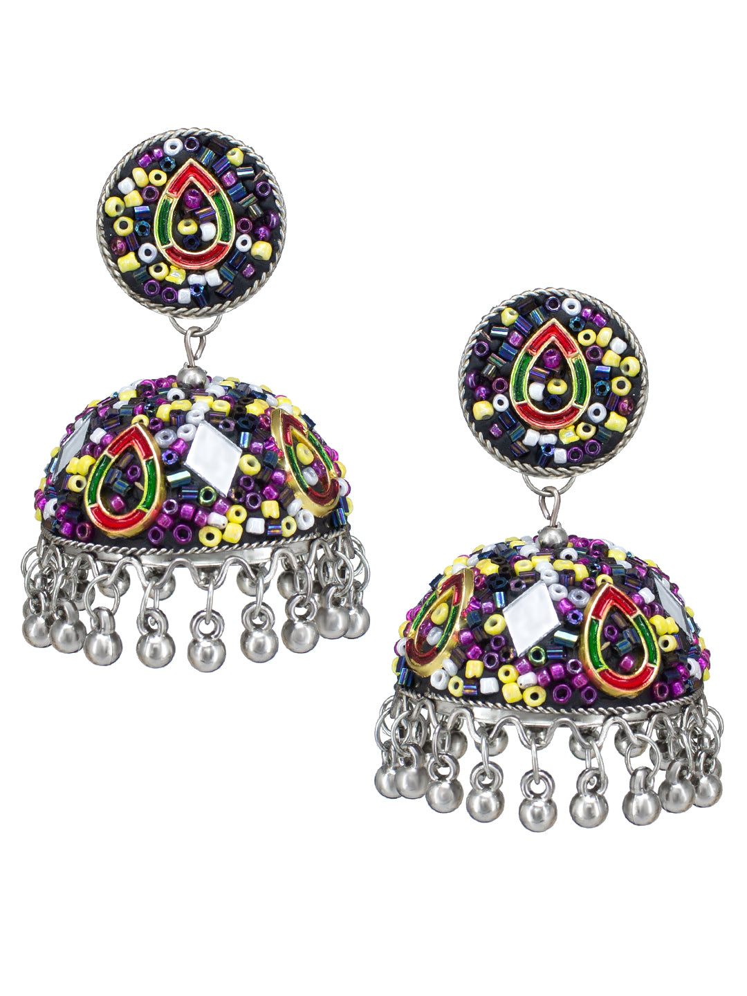 Pack of 2 Silver-Plated Dome Shaped Artificial Stones and Beads Jhumkas