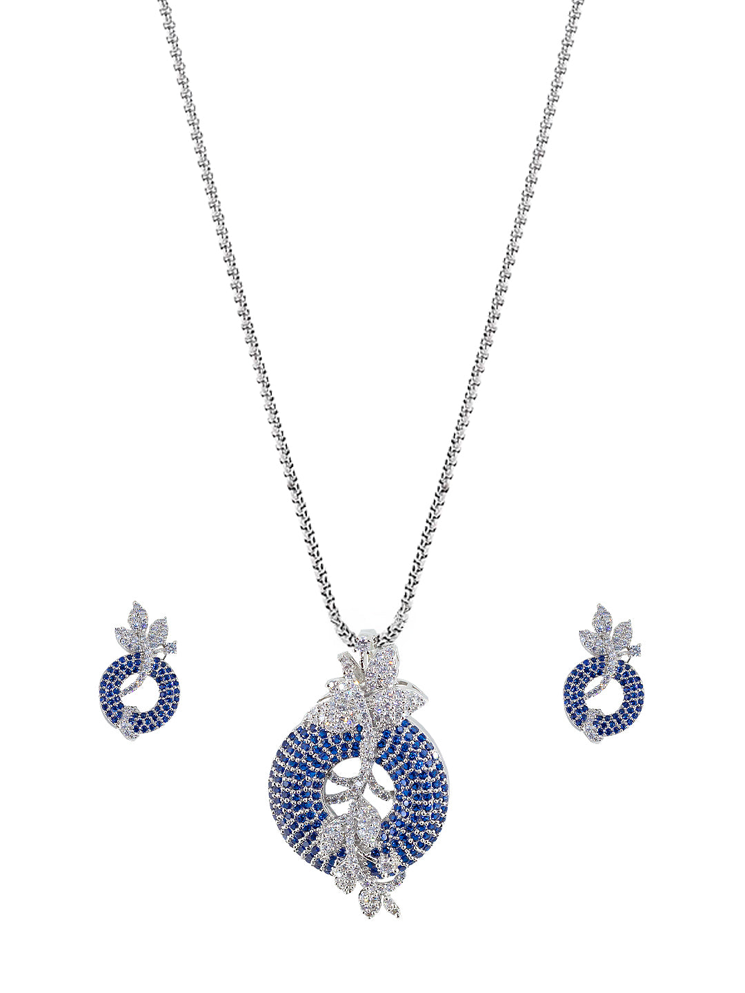 Rhodium Plated Blue American Diamond Studded Pendent & Earrings Set