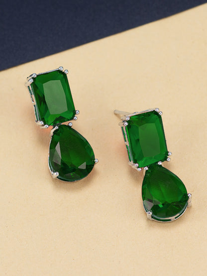 Rhodium Plated Green American Diamond Drop Earrings