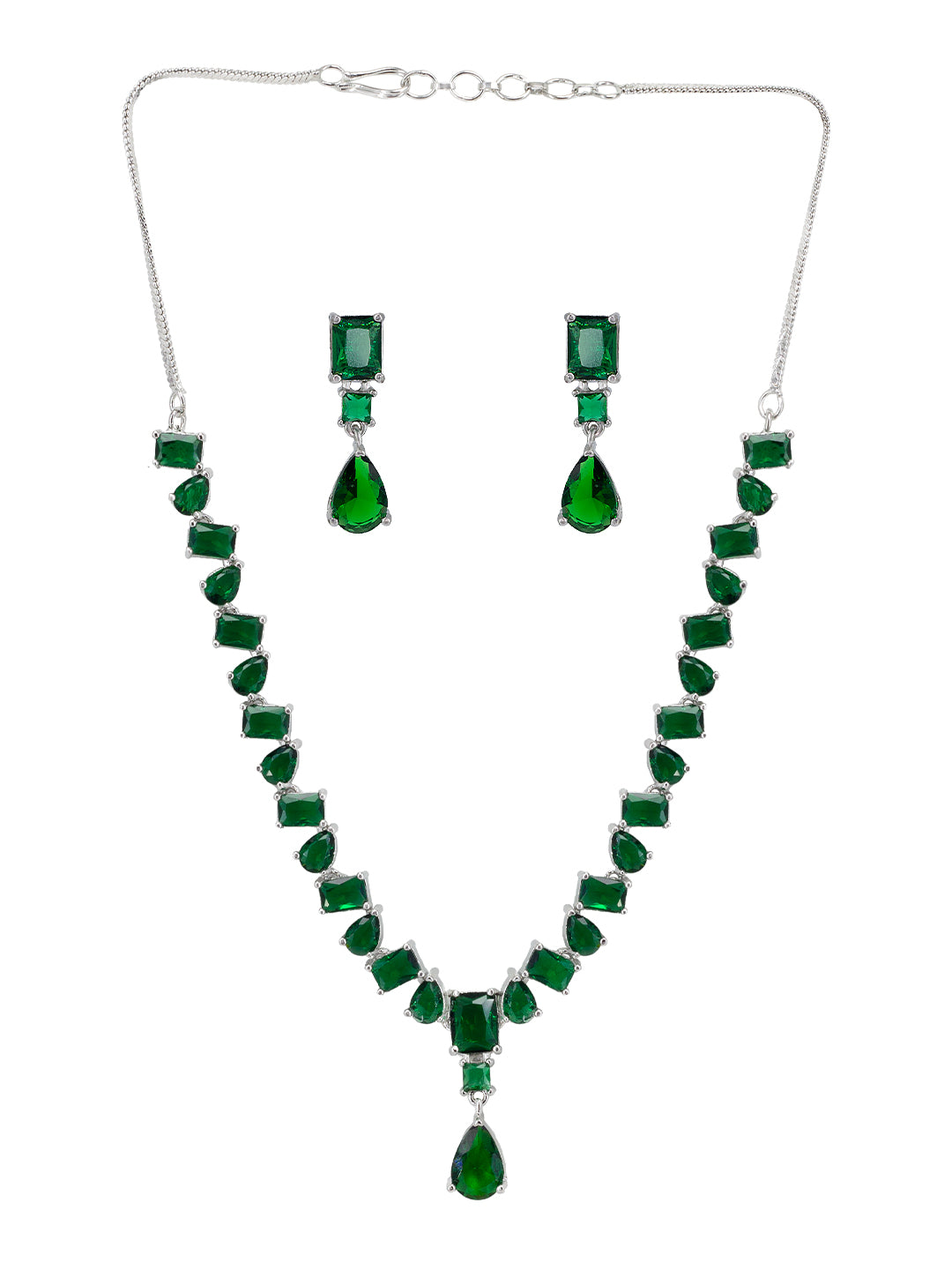 Rhodium Plated Green Teardrop Shaped American Diamond Studded Jewellery Set