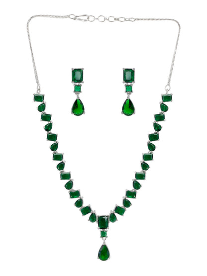 Rhodium Plated Green Teardrop Shaped American Diamond Studded Jewellery Set