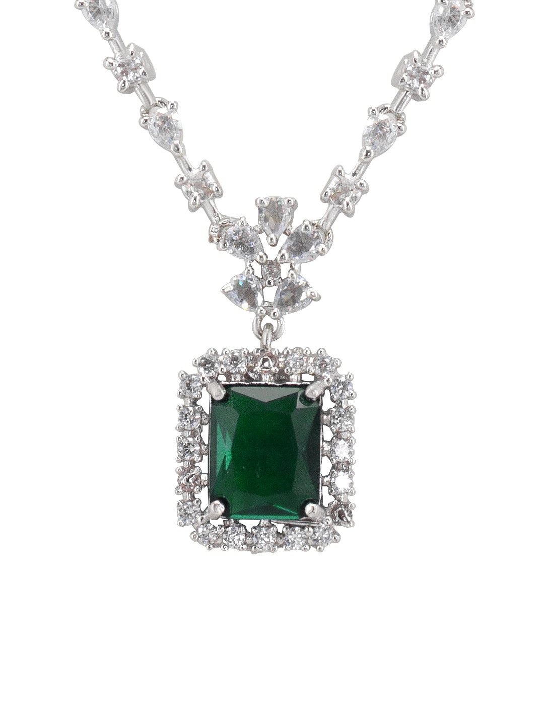 Green Rhodium-Plated American Diamond Studded Jewellery Set