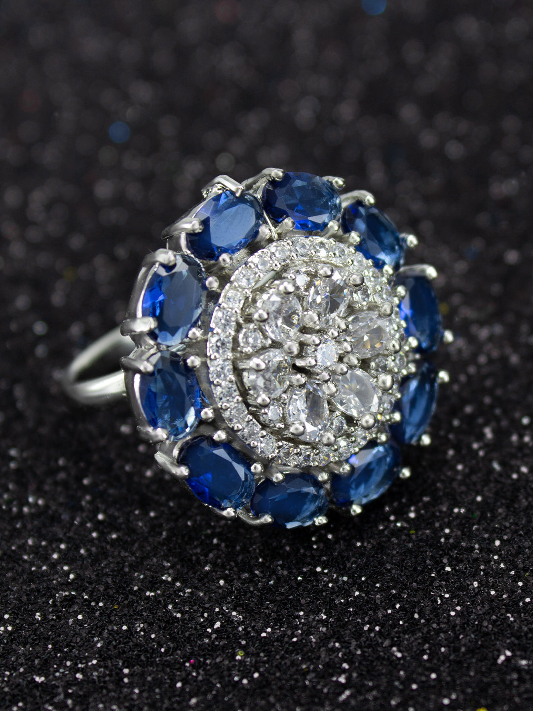 Rhodium-Plated Blue American Diamond Floral Adjustable Trendy Finger Ring