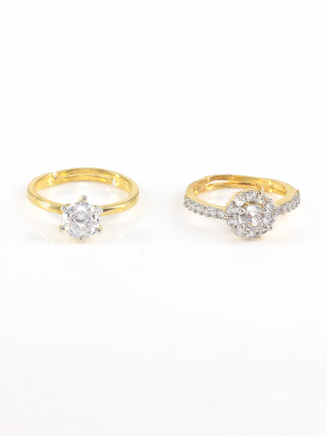 Set Of Two Gold Plated Solitaire American Diamond Trendy Adjustable Finger Rings