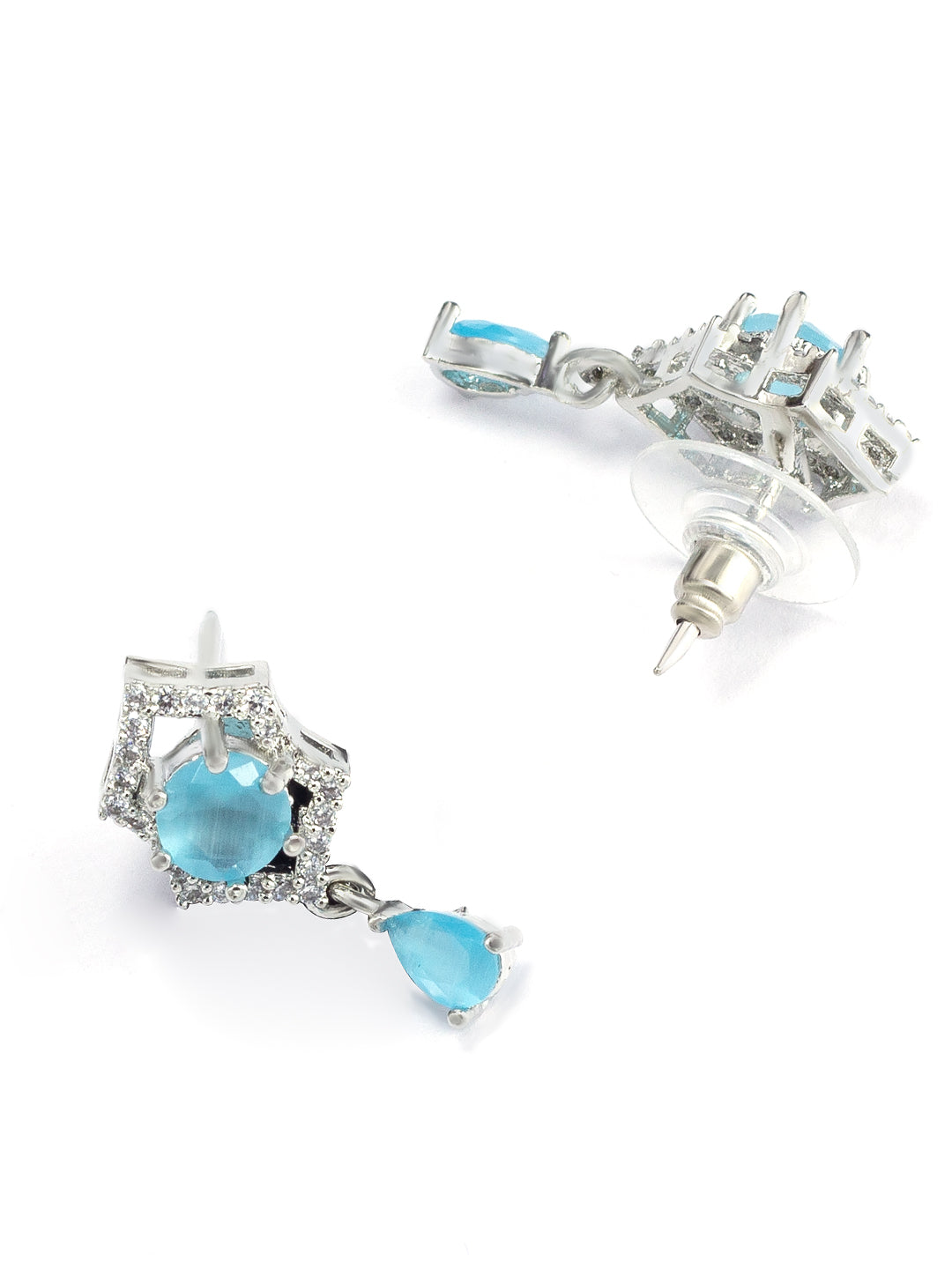 Rhodium Plated Aqua Blue American Diamond Pendant & Earrings Set