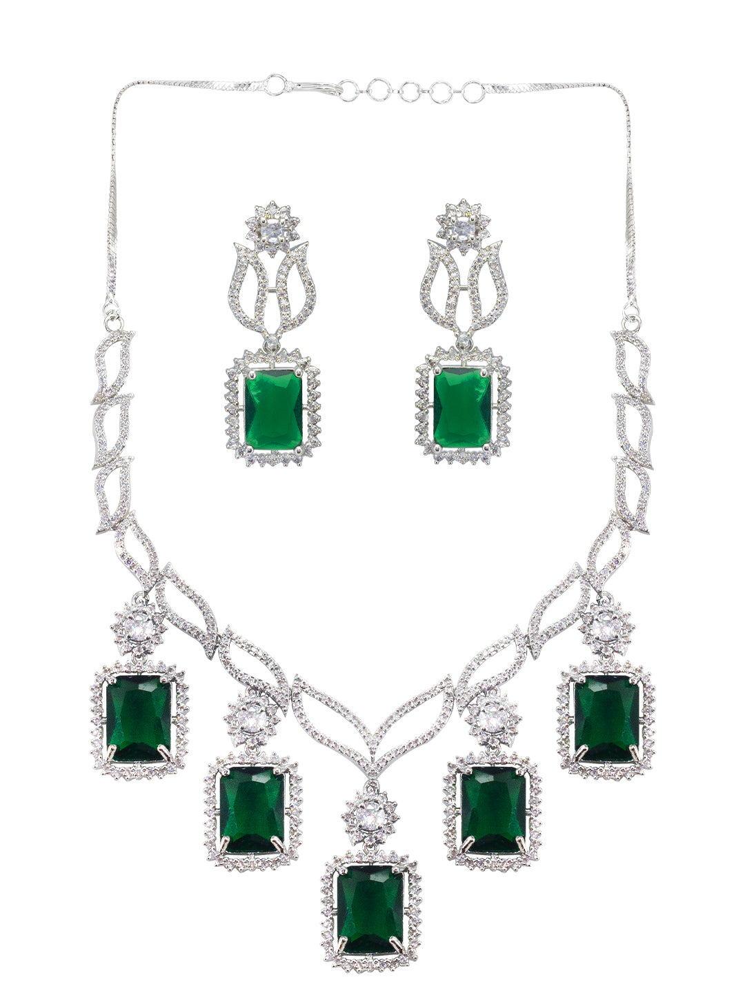 Rhodium Plated Green American Diamond Semi-Bridal Jewellery Set