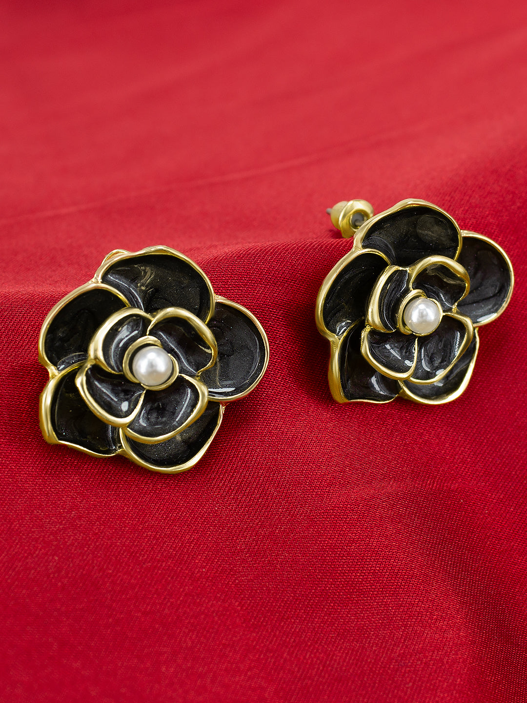 Gold-Plated Black Pearl Floral Studs Earrings