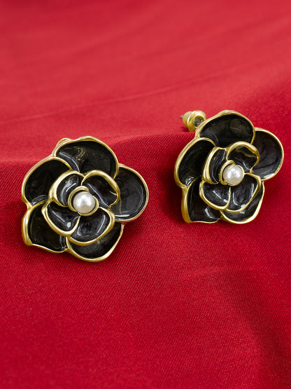 Gold-Plated Black Pearl Floral Studs Earrings