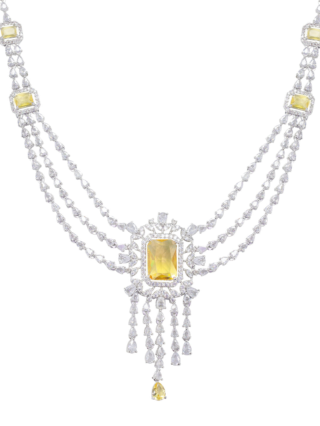 Rhodium Plated Yellow Three Layered AD Bridal Jewellery Set