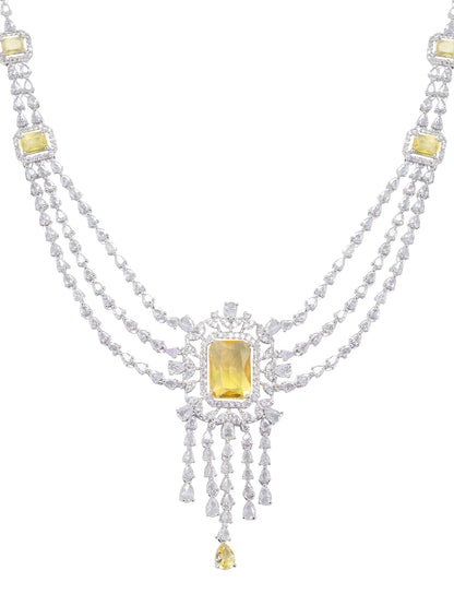 Rhodium Plated Yellow Three Layered AD Bridal Jewellery Set