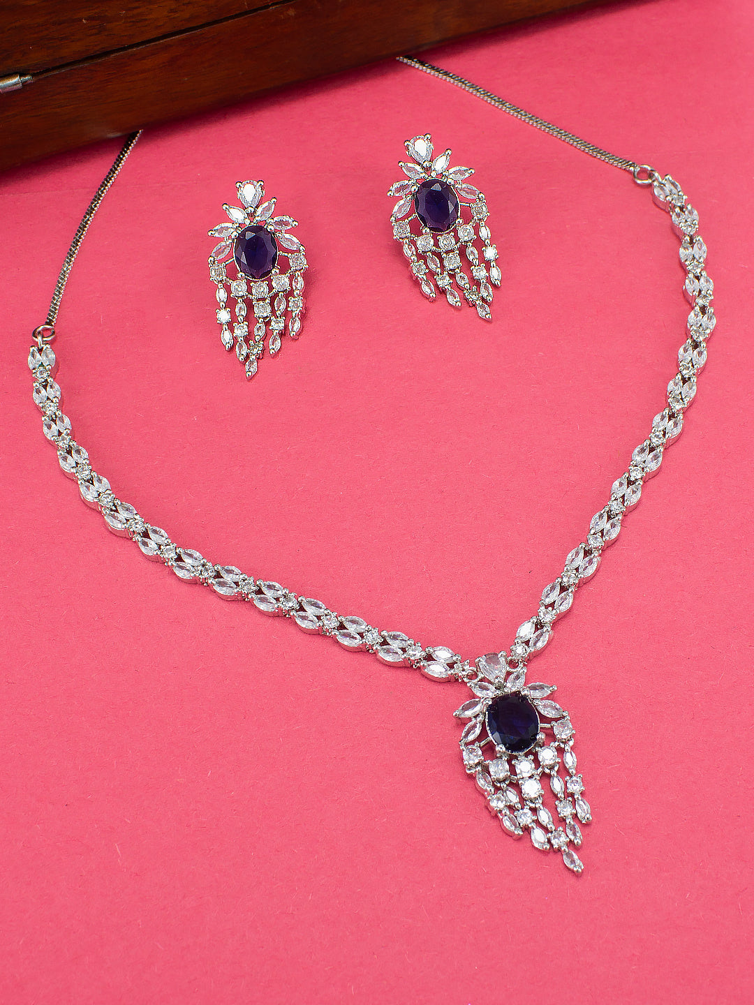 Rhodium Plated Blue American Dimaond Studded Jewellery Set