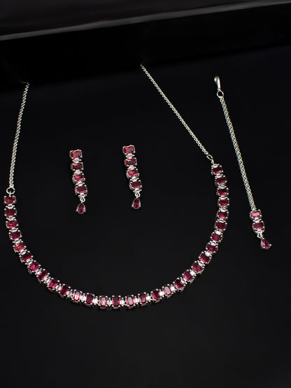 Rhodium-Plated Red American Diamond Studded Jewellery Set With Maangtika