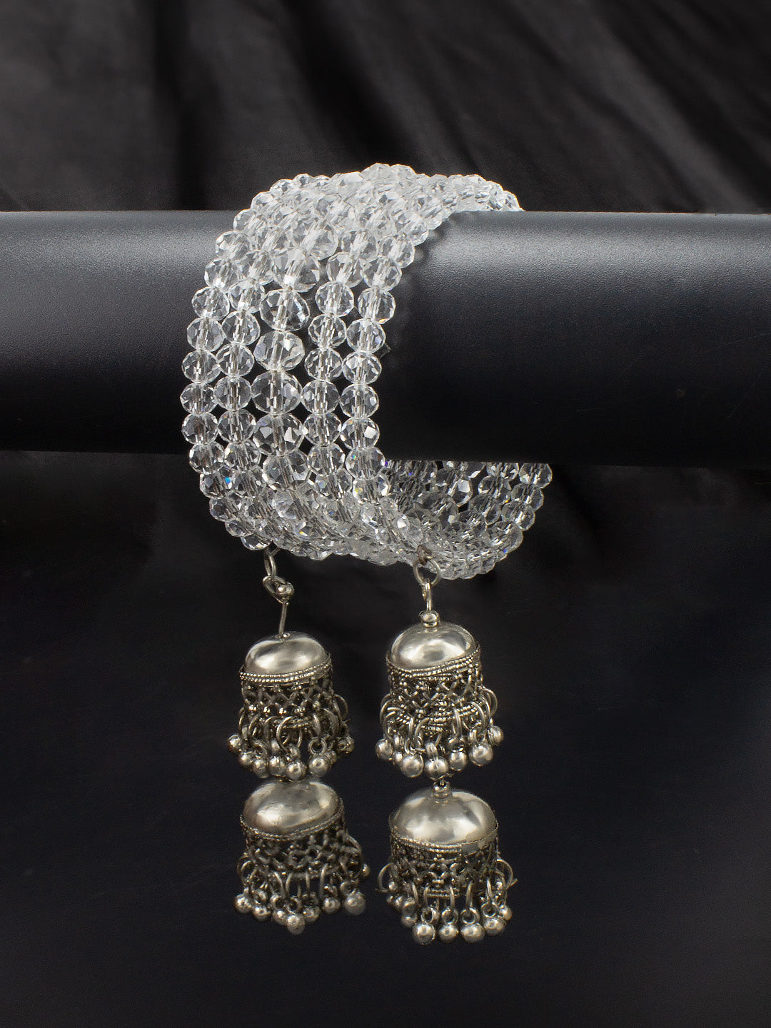 Silver Oxidised White Beaded Two Layered Jhumka Wraparound Bracelet