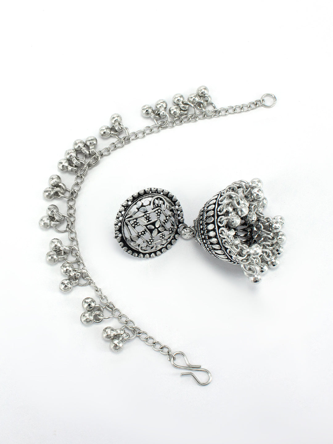 Silver-Plated Dome Shaped Jhumkas With Hair Chain