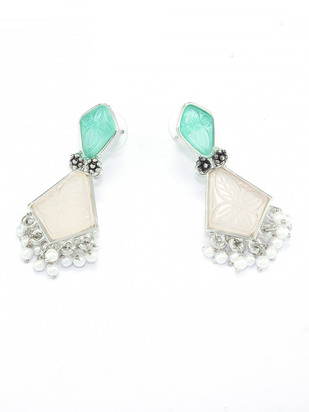 Silver-Plated Geometric Stone Studded Drop Earrings