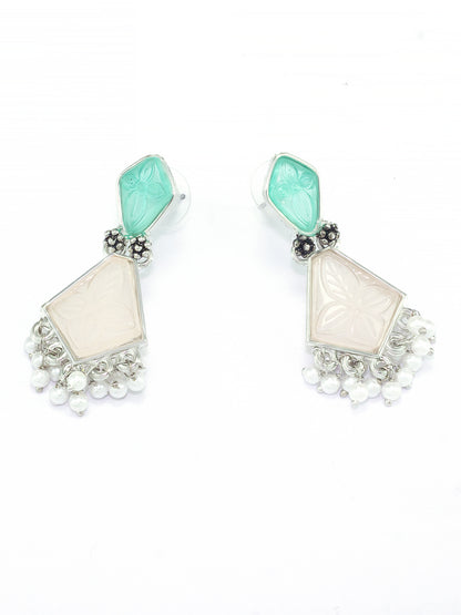 Silver-Plated Geometric Stone Studded Drop Earrings