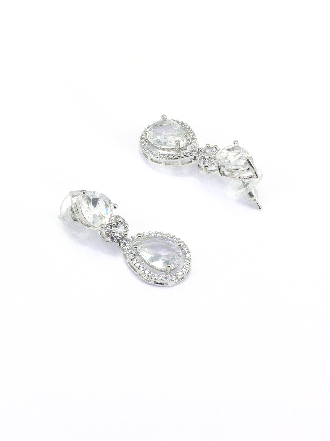 Rhodium Plated Double Layered & Teardrop AD Jewellery Set