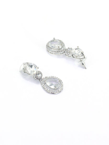 Rhodium Plated Double Layered & Teardrop AD Jewellery Set