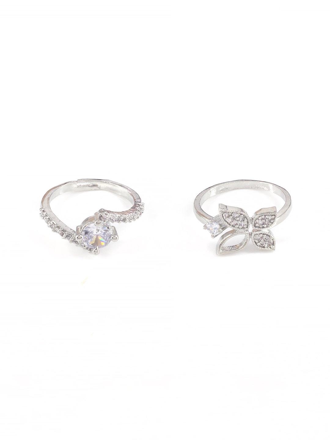 Set Of Two Rhodium Plated Solitaire American Diamond Trendy Adjustable Finger Rings