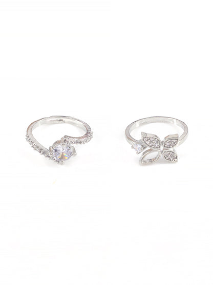 Set Of Two Rhodium Plated Solitaire American Diamond Trendy Adjustable Finger Rings