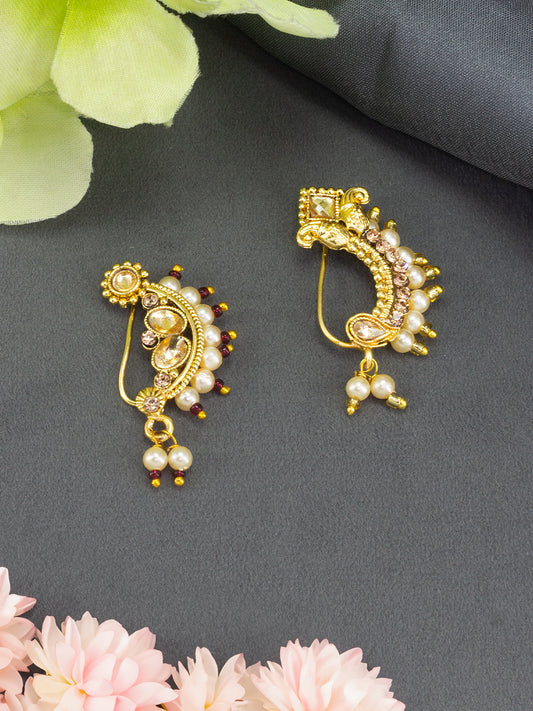 Set of 2 Gold Plated Artificial Stones & Beads Studded Non-Piercing Nosepin