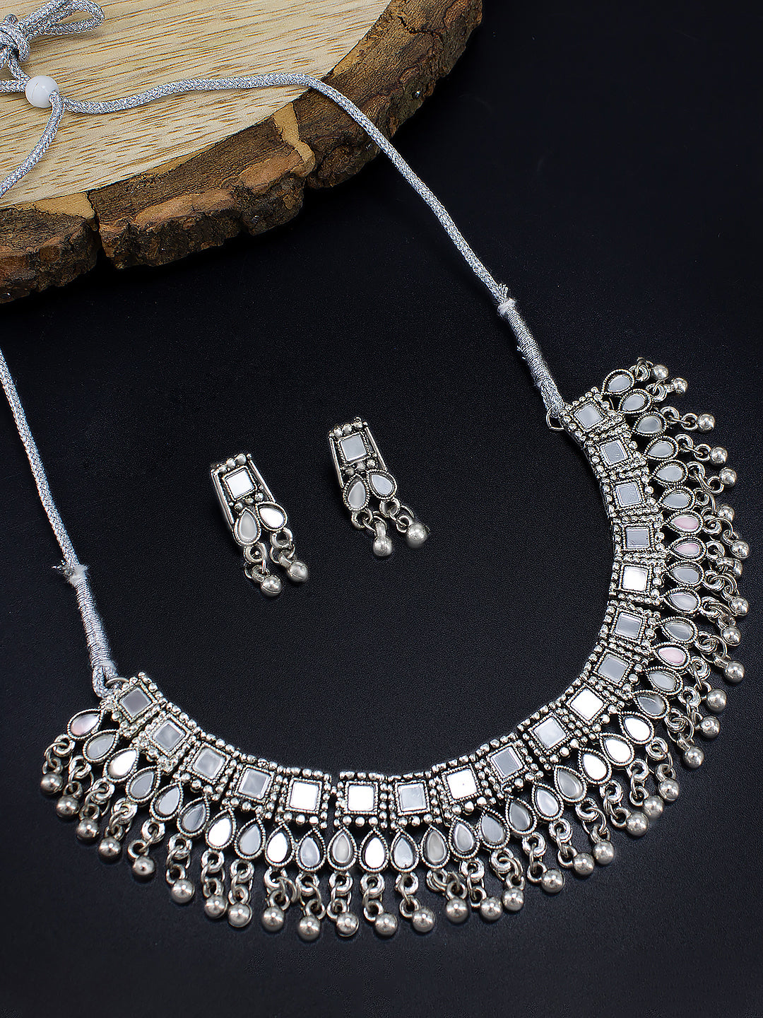 Silver-Oxidised Stones Studded & Beaded Mirror Jewellery Set