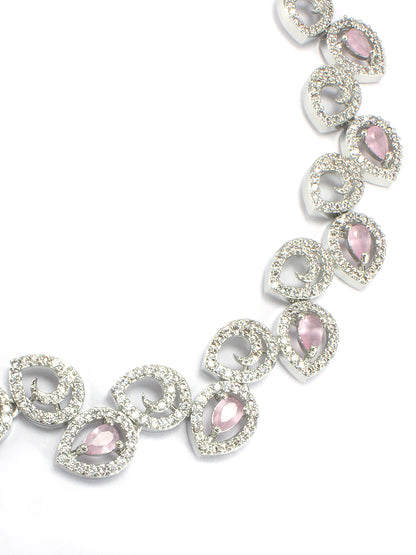 Rhodium-Plated Pink American Diamond Studded Jewellery Set