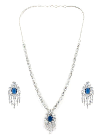 Rhodium Plated Blue American Dimaond Studded Jewellery Set