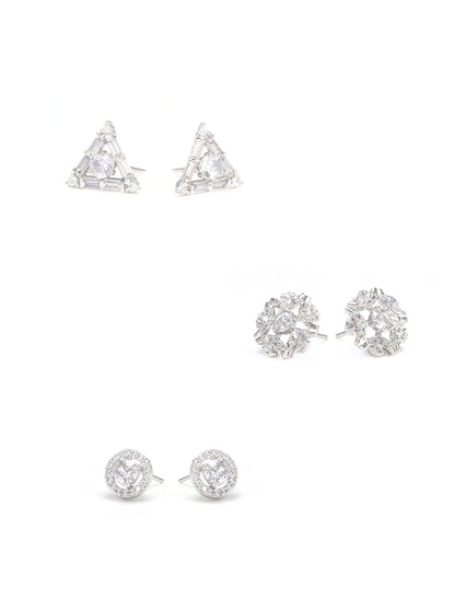 Set Of Three Rhodium Plated Geometric American Diamond Earrings