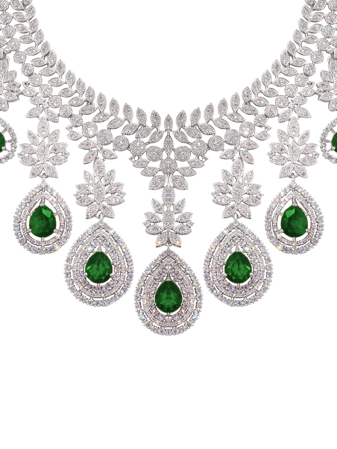 Rhodium Plated Green American Diamond Teardrop Jewellery Set