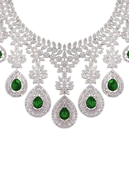 Rhodium Plated Green American Diamond Teardrop Jewellery Set