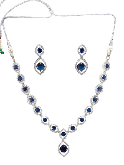 Rhodium-Plated Blue American Diamond Studded Long Necklace & Earrings Set