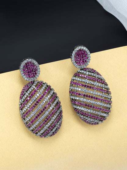 Rhodium Plated Pink American Diamond Drop Earrings