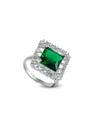 Rhodium Plated Green American Diamond Square Adjustable Finger Ring