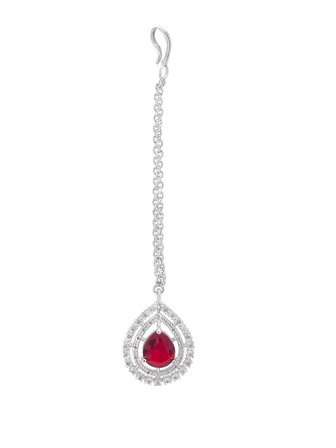 Rhodium Plated Red American Diamond Teardrop Jewellery Set