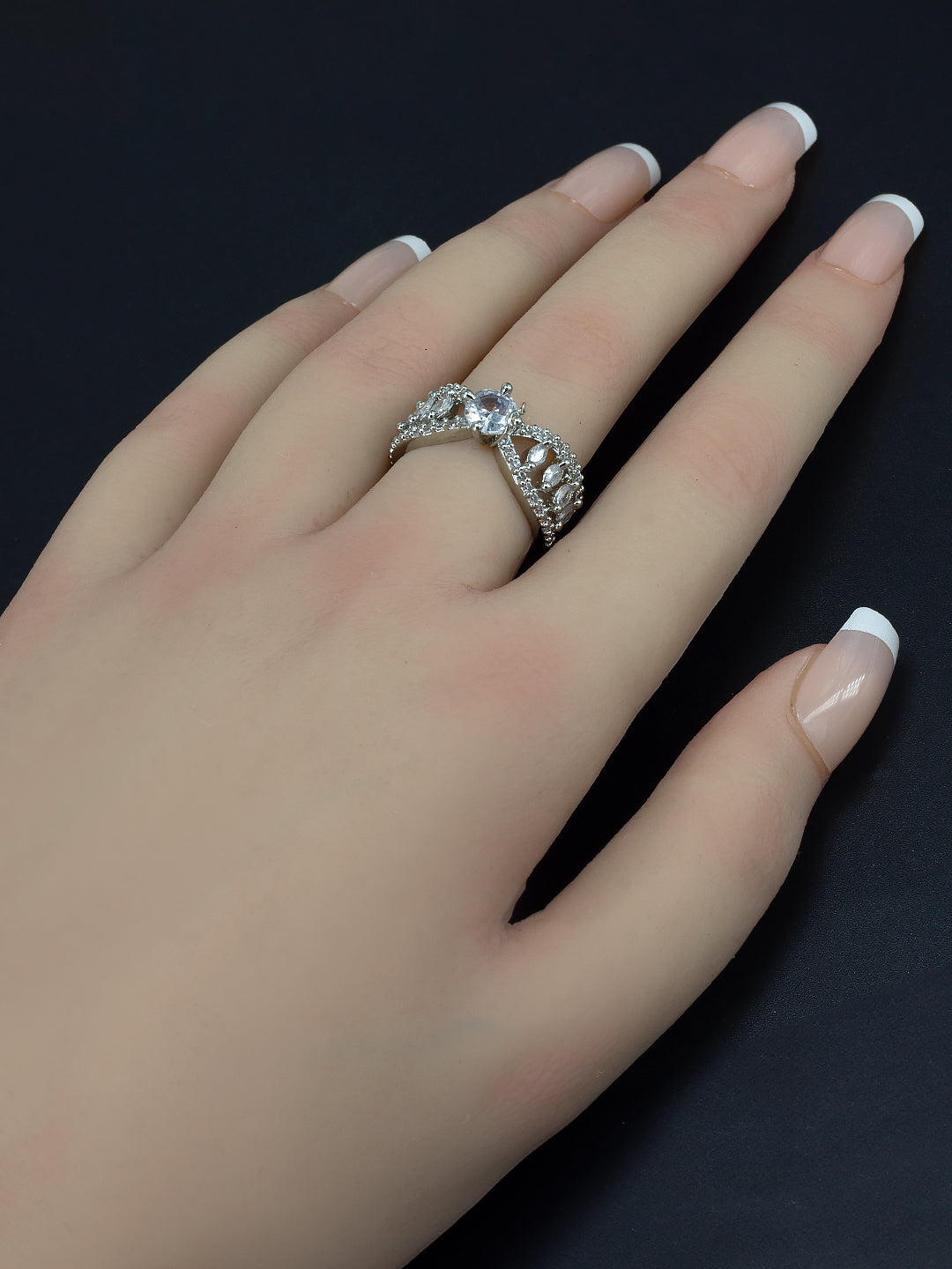 Rhodium Plated American Diamond Adjustable Solitaire Finger Ring