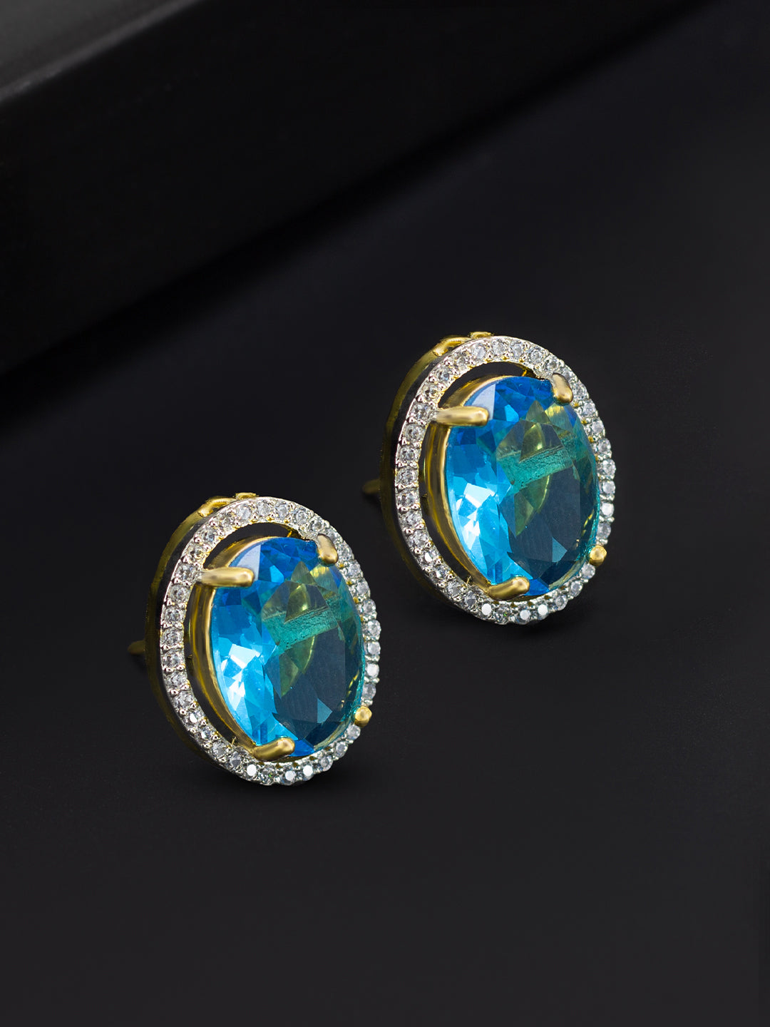 Gold Plated Aqua Blue American Diamond Stud Earrings