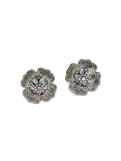 Rhodium Plated Floral American Diamond Stud Earrings