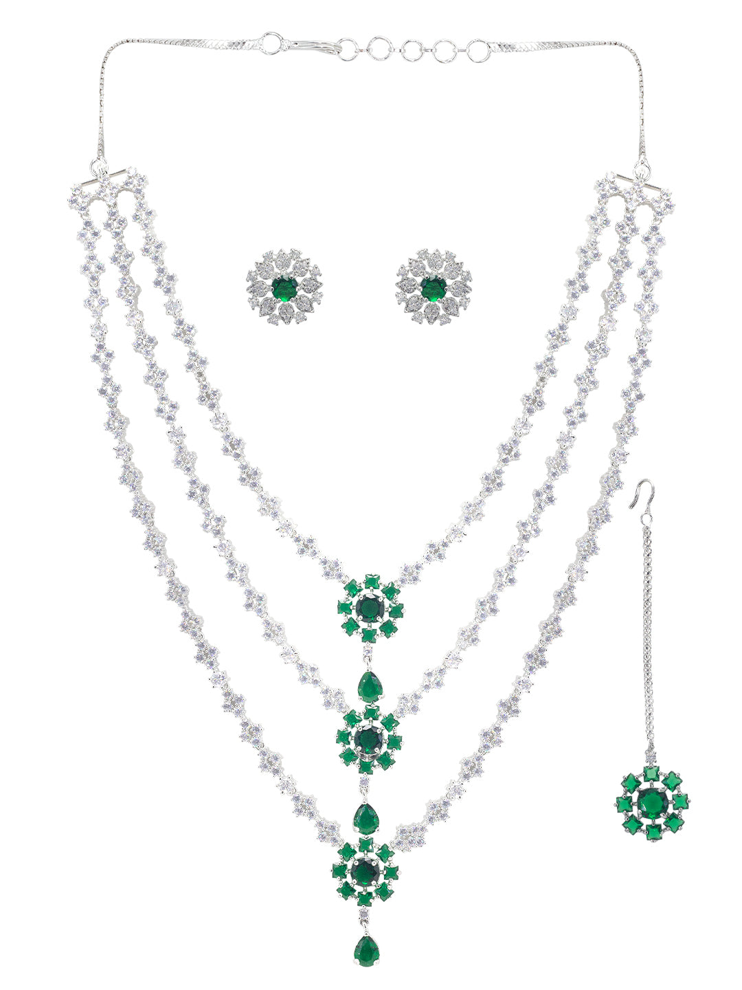 Rhodium Plated Trendy Green Three Layered AD Bridal Jewellery Set With Maangtika